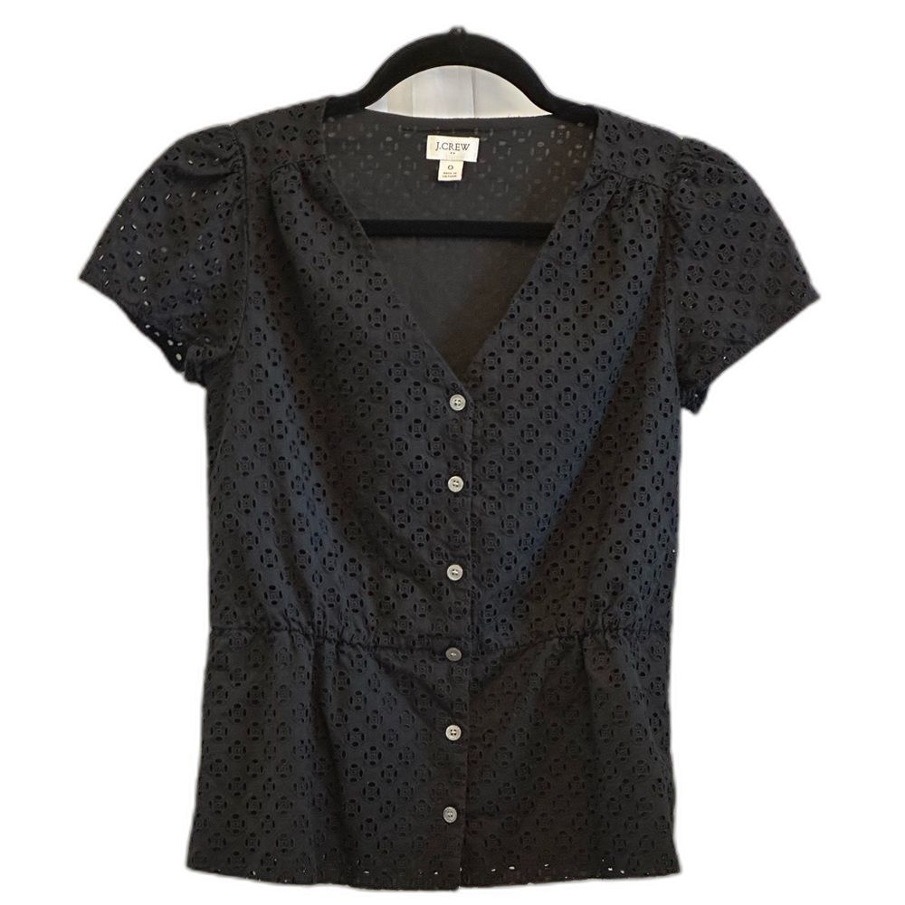 J. Crew Whimsy Goth Minimalist Peplum Short-sleeved Black eyelet Blouse Size 0
